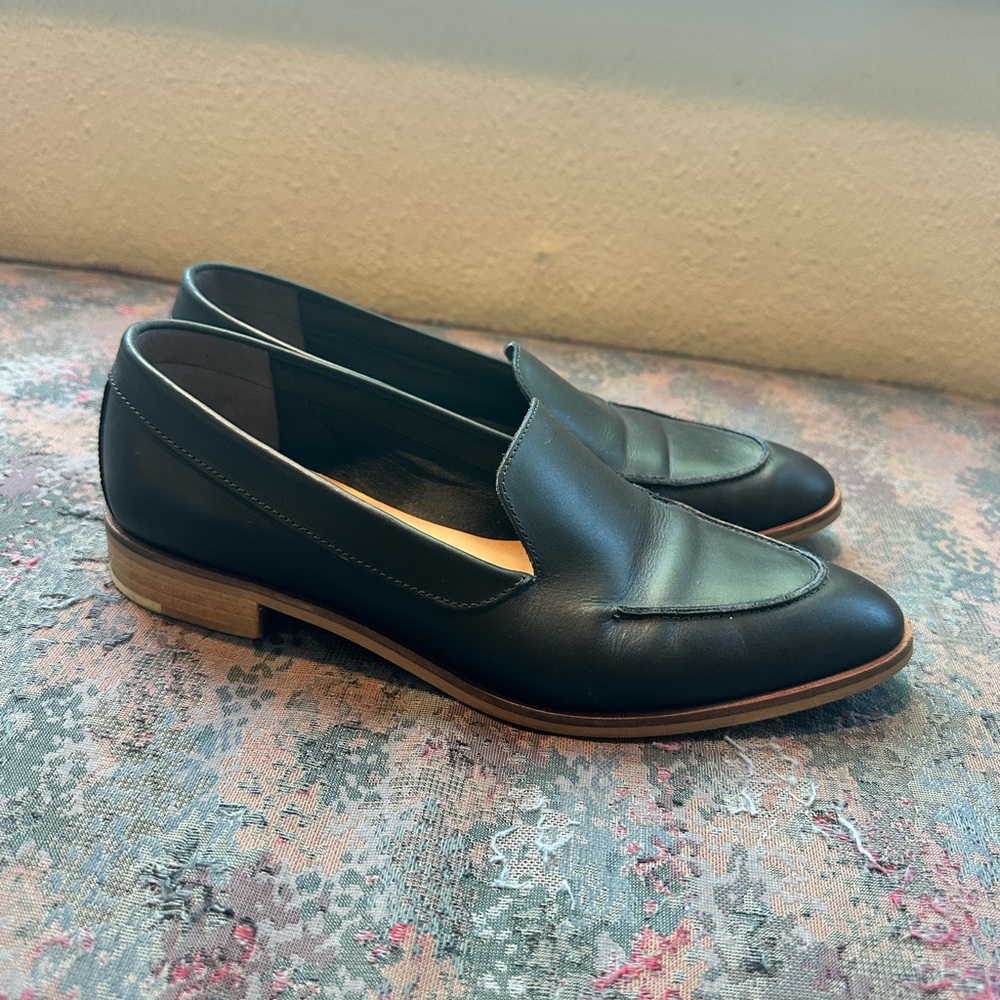 Everlane Black Leather Penny Loafers with Tan Wood Heel